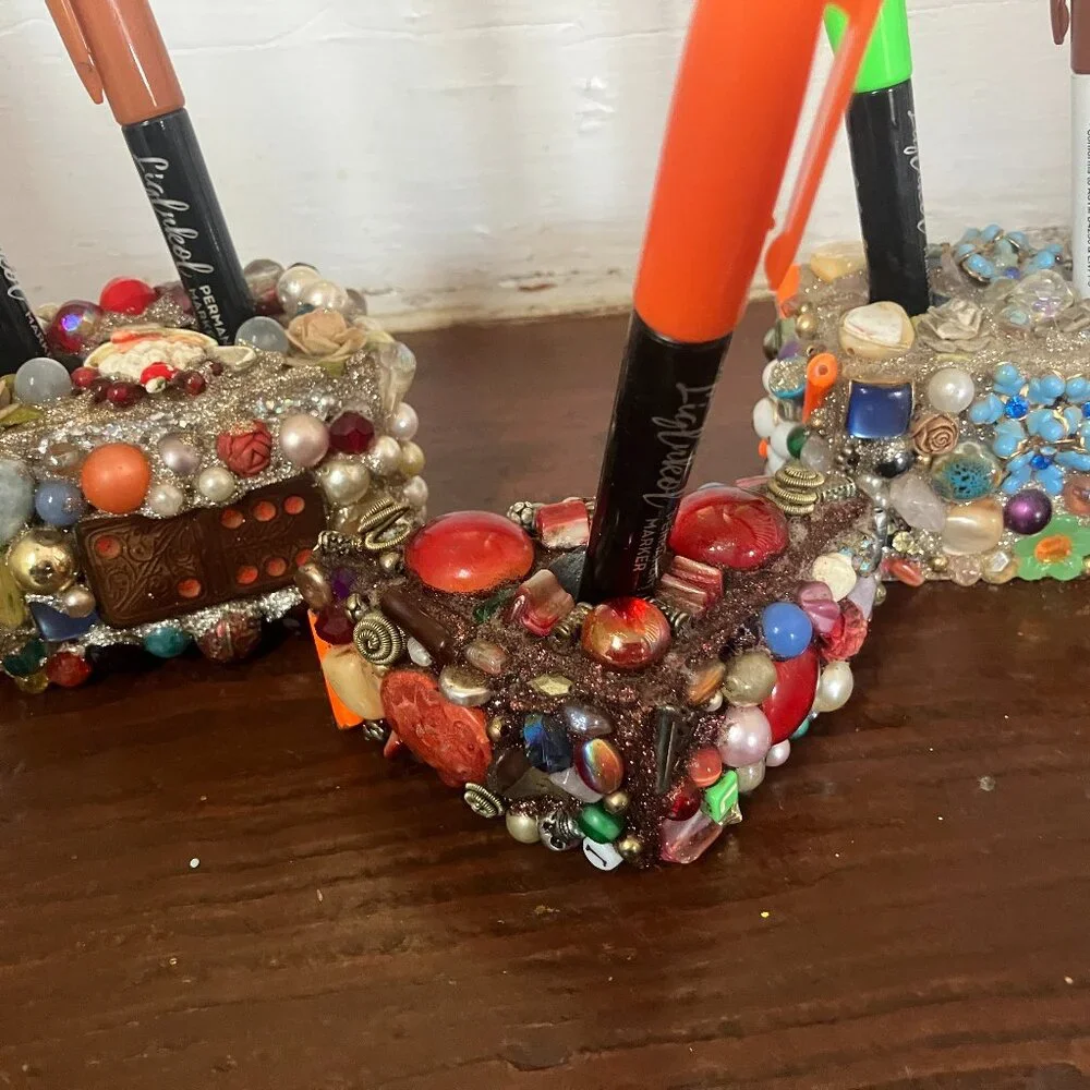 3 Handmade Pen/ Pencil/ Brush holders mosaic of beads, faux pearls, sparkles